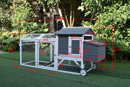 Chicken coops with wheels for sale, with detailed dimensions shown.
