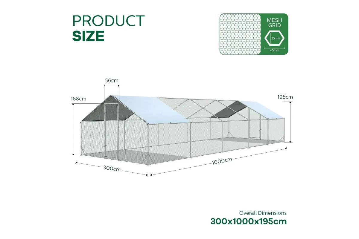 Detailed product size illustration of the 10x3m outdoor catio with square doors, showing overall dimensions and mesh grid size.