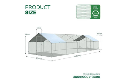 Detailed product size illustration of the 10x3m outdoor catio with square doors, showing overall dimensions and mesh grid size.