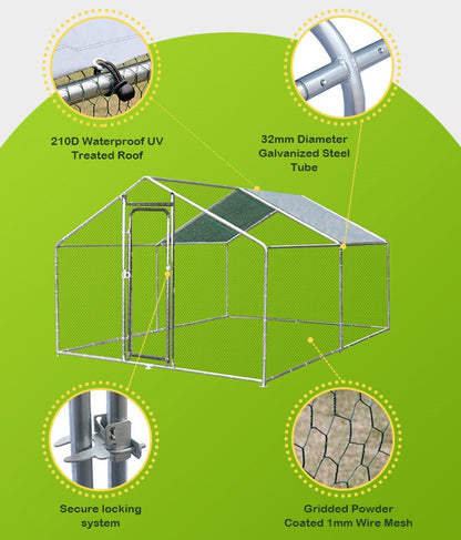 4x3m chicken run with secure locking system, 32mm galvanized steel frame, and powder-coated wire mesh, perfect for keeping backyard chooks safe.