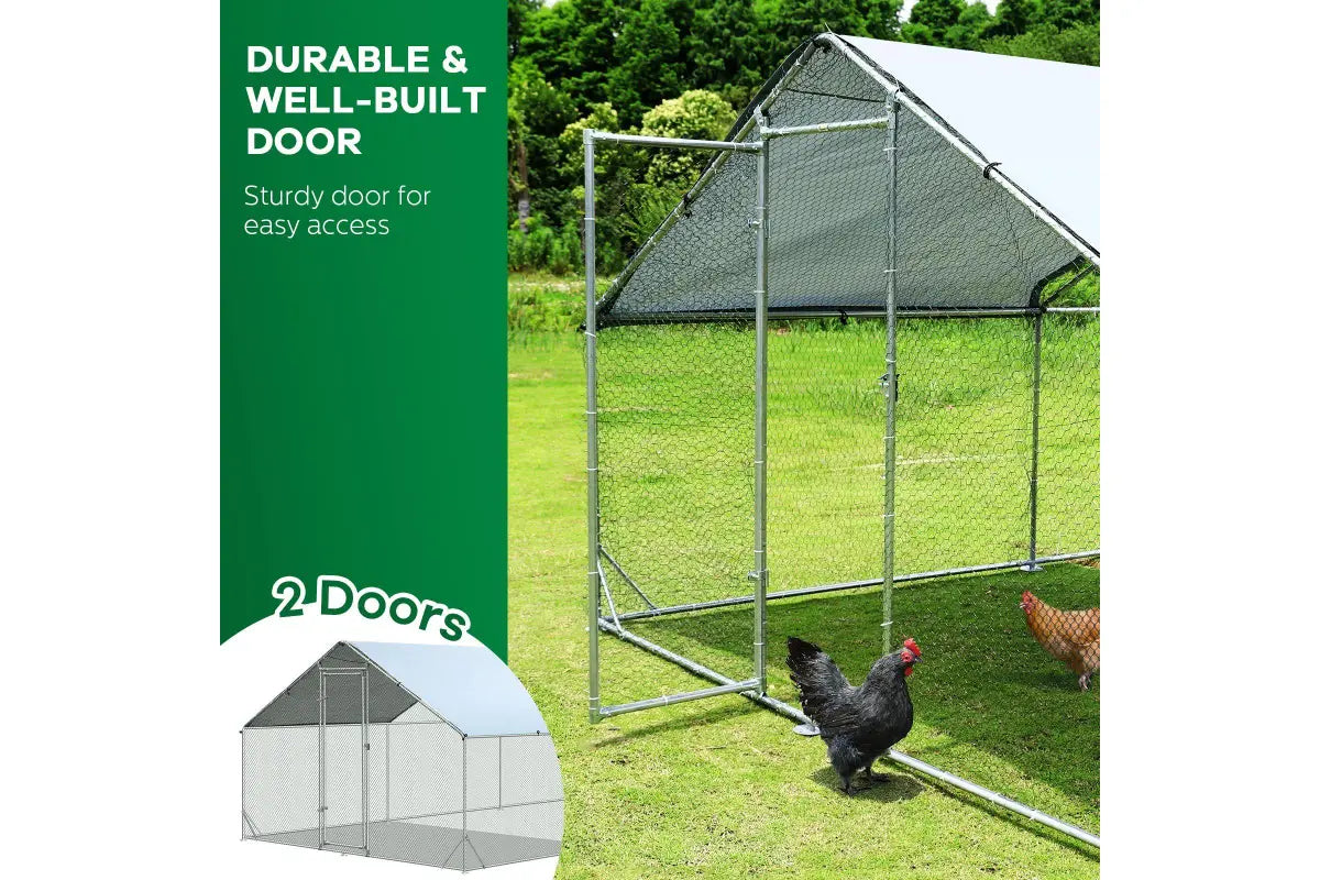 10x3m walk-in chicken run with two square-framed durable access doors, featuring a sturdy galvanized frame and powder-coated wire mesh for easy entry and secure space for backyard chooks.