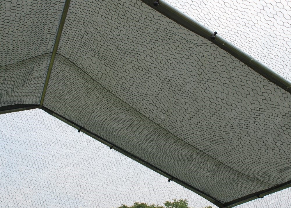 Interior view of the 4x3m chicken run's UV-treated roof, showing secure wire mesh for optimal ventilation and protection for backyard chooks.