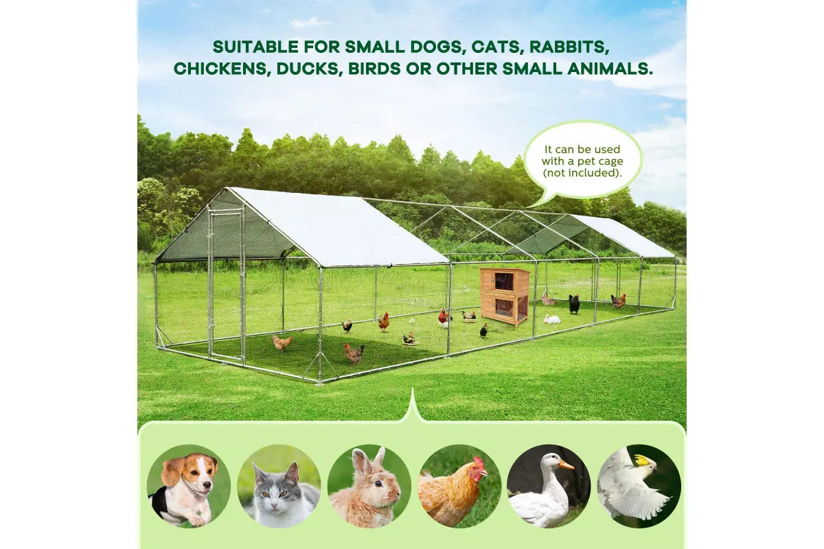 10x3m walk-in chicken run suitable for small dogs, cats, rabbits, chickens, ducks, birds, and other small animals, showcasing versatile use in a backyard setting.