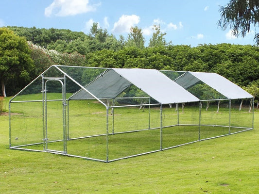 Full view of the 8x3m large outdoor catio set up in a garden with UV-treated roof cover