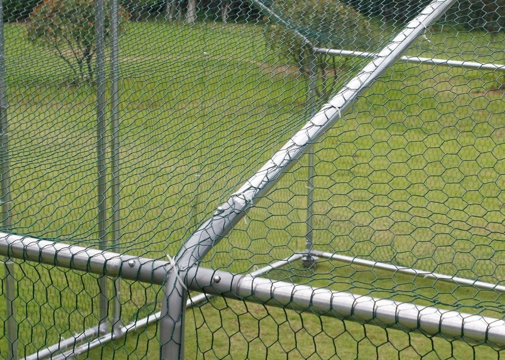 Close-up of outdoor catio roof corner connection with wire mesh and galvanised frame