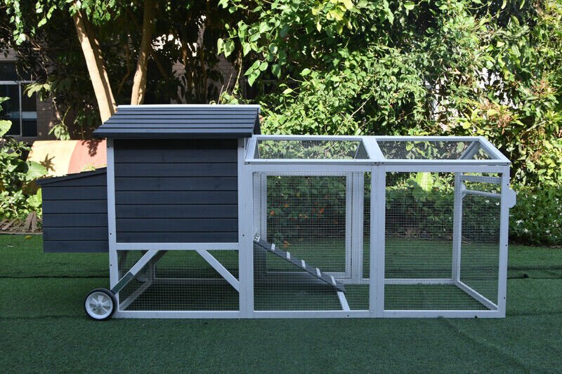 Portable chicken coop with wheels allowing you to move it around easily.