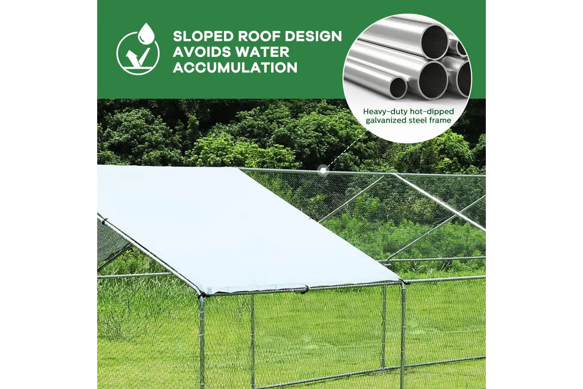 Close-up view of the sloped roof design on a 10x3m chicken run, highlighting its ability to prevent water accumulation and featuring a sturdy galvanized steel frame.