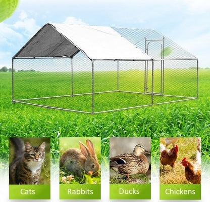 Spacious 4x3m walk-in chicken run for backyard chooks, suitable for cats, rabbits, ducks, and chickens, with a UV-treated waterproof roof.