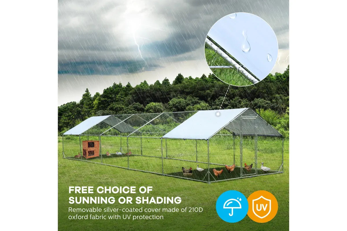 10x3m chicken run featuring a UV-protected, waterproof roof cover, showing protection during rainy weather for backyard hens.