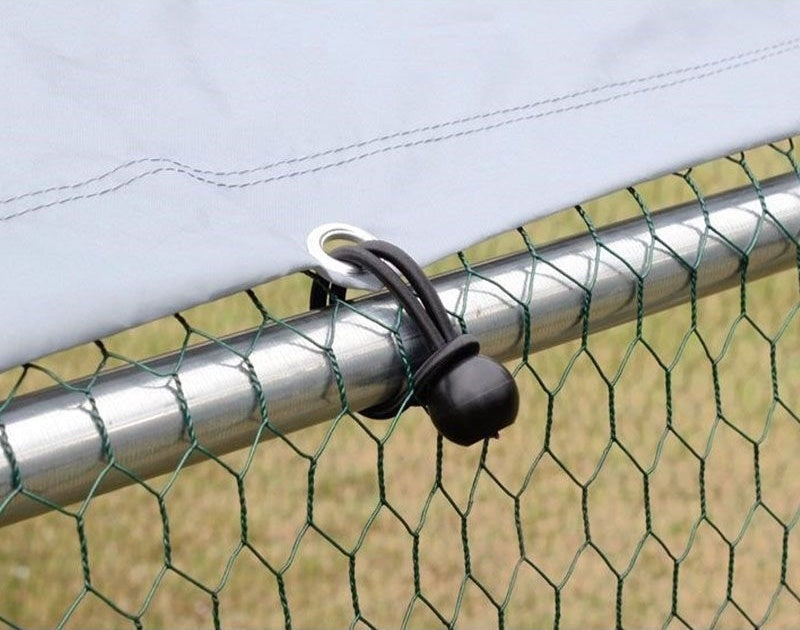 Close-up of UV-treated waterproof roof attachment for a 4x3m chicken run, secured with a fastener, providing protection for backyard chooks.