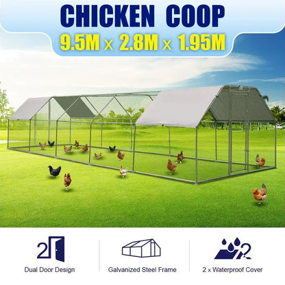 9.5 x 2.8 x 1.95m Walk In Chicken Run Coop (Flat Roof)